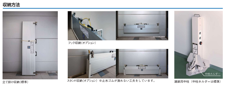 BX止水板「ラクセット」の平時の収納方法（フック収納・立て掛け収納・スタンド収納）と、広いエントランスや間口に無制限に横へ繋げて設置可能にする「連装用中柱（中柱ホルダーは標準）」の紹介写真